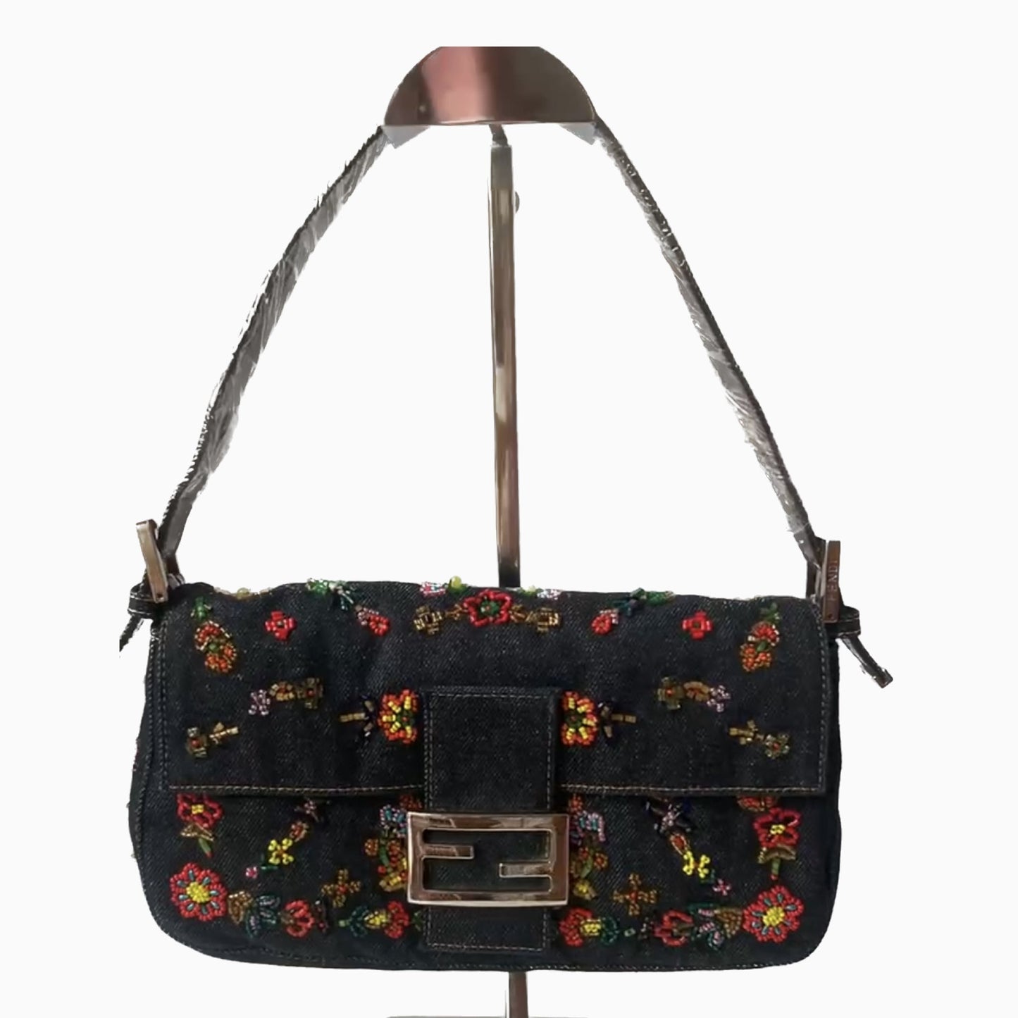 FENDI Baguette Blue Denim with beaded Flower Embroidery