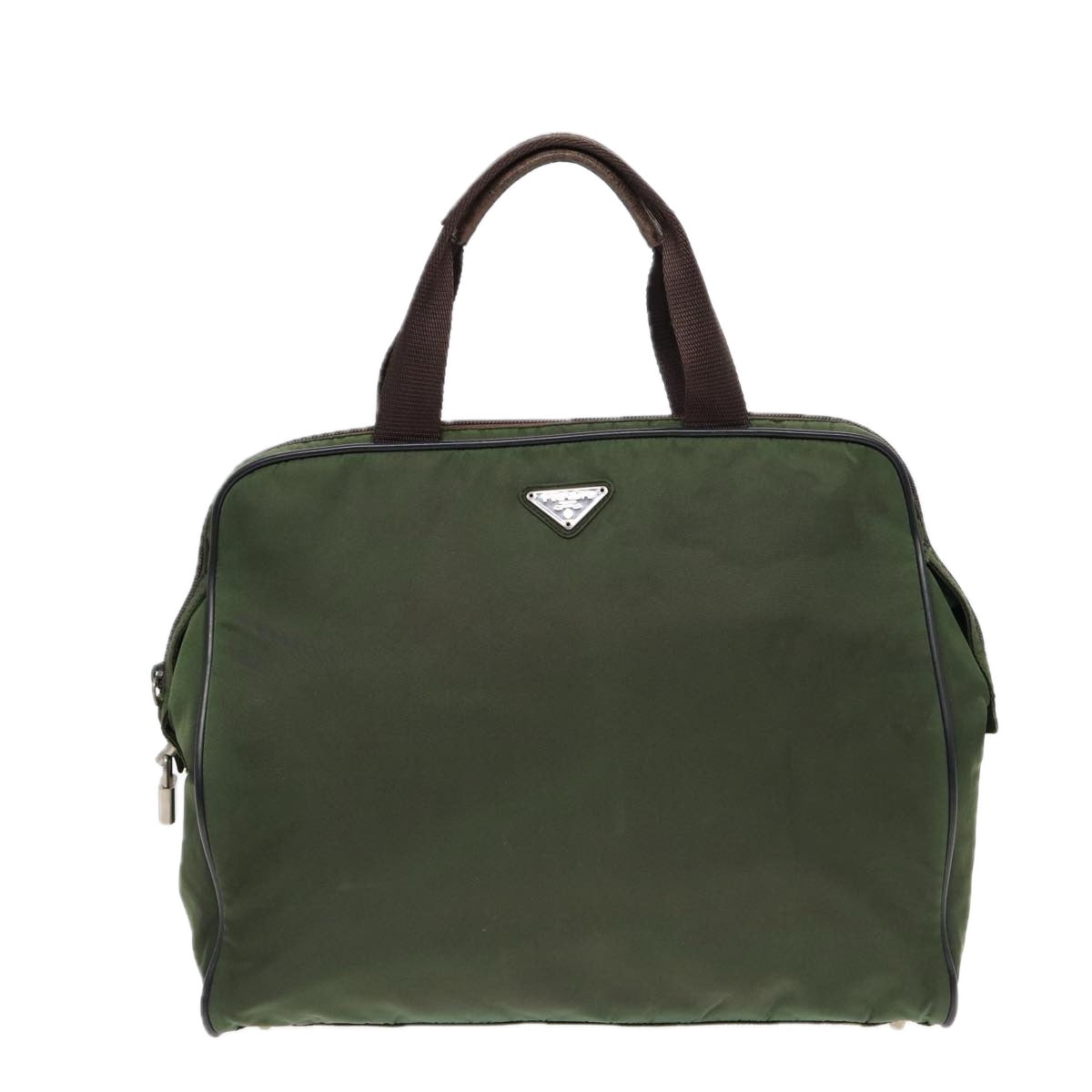 PRADA Hand Bag Nylon Khaki Brown Silver Auth