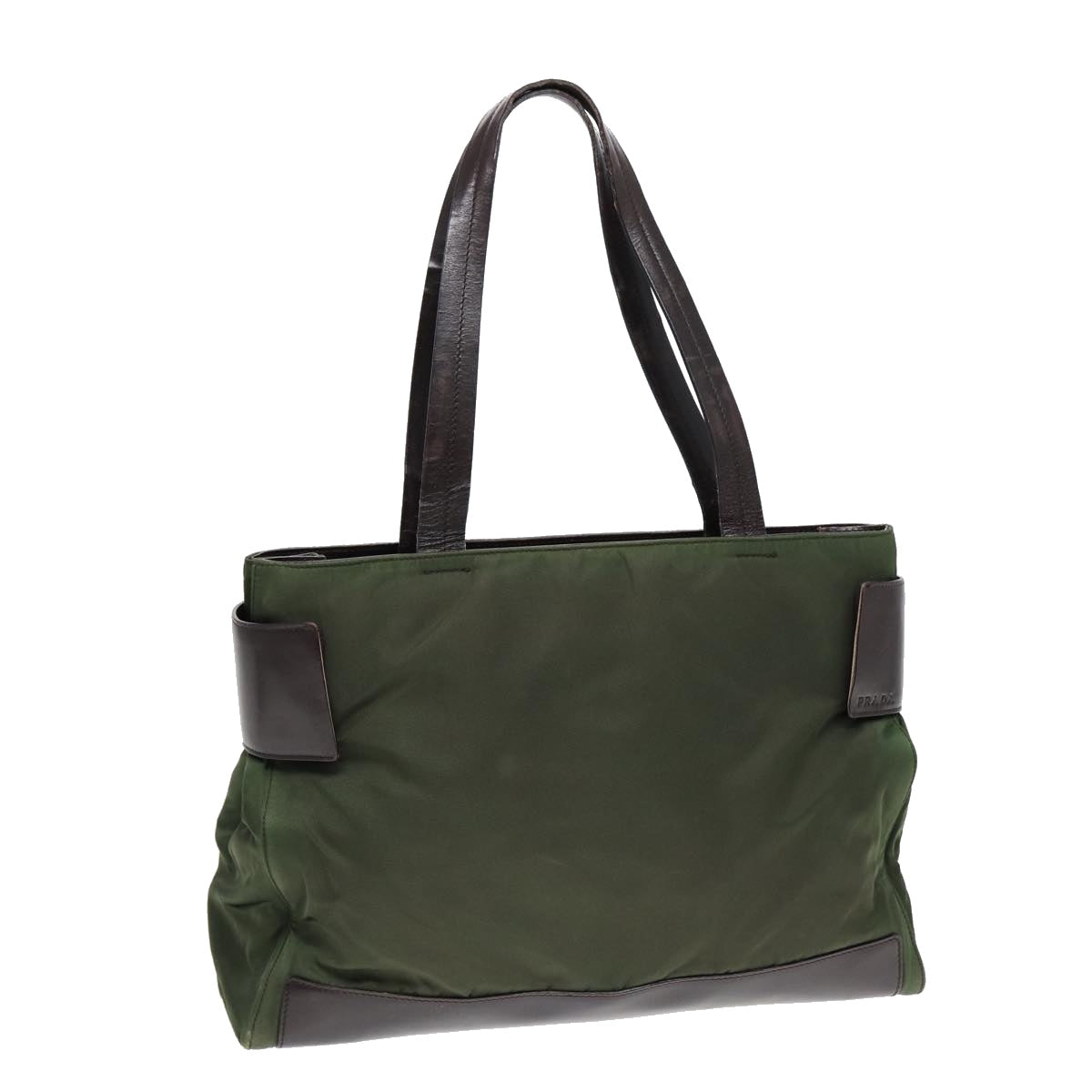 PRADA Tote Bag Nylon Leather Khaki Brown Silver Auth