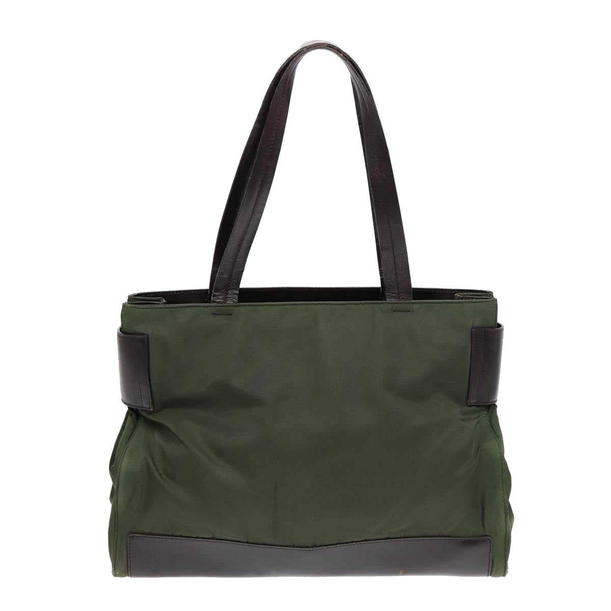 PRADA Tote Bag Nylon Leather Khaki Brown Silver Auth