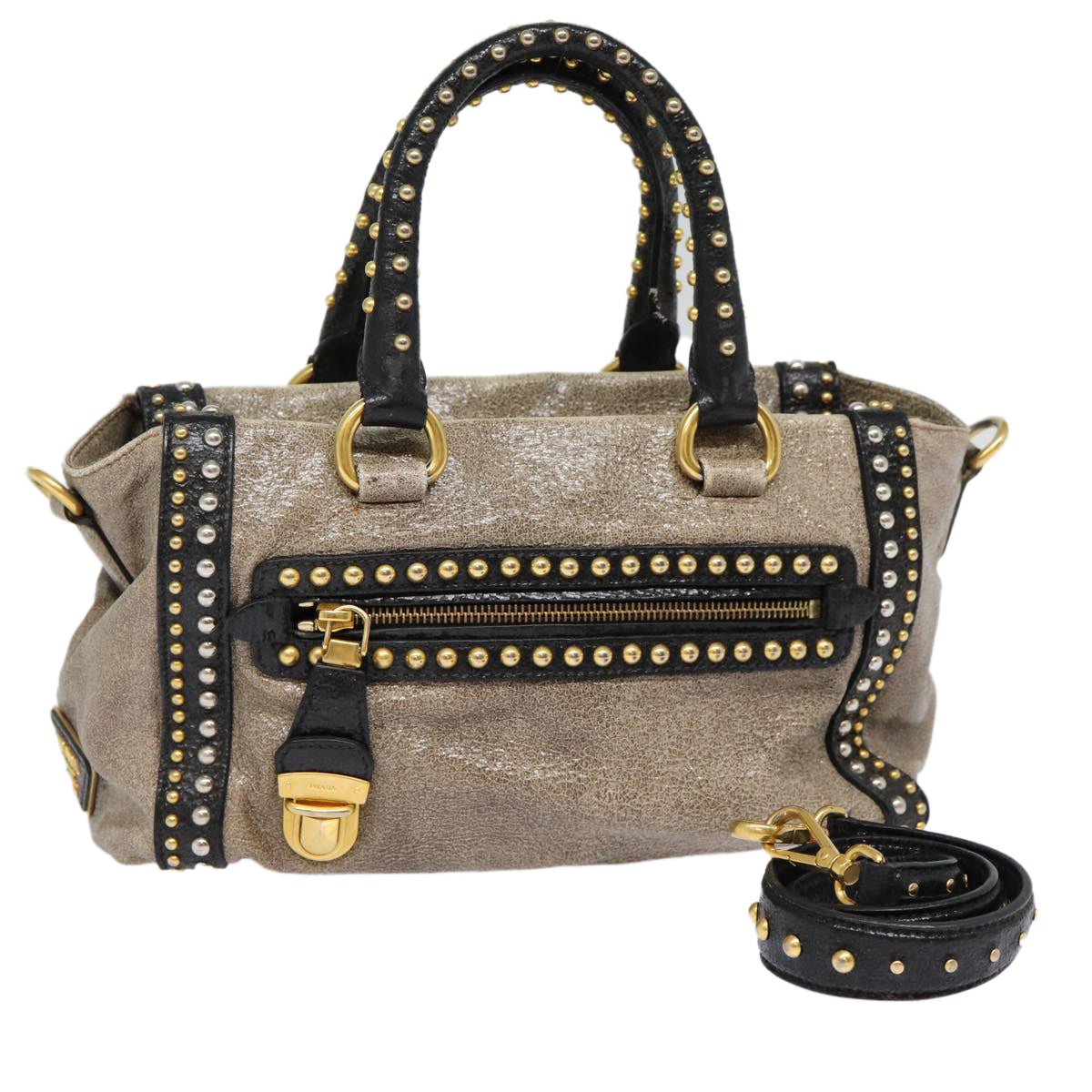 PRADA Studs Hand Bag Leather 2way Gray Gold Auth