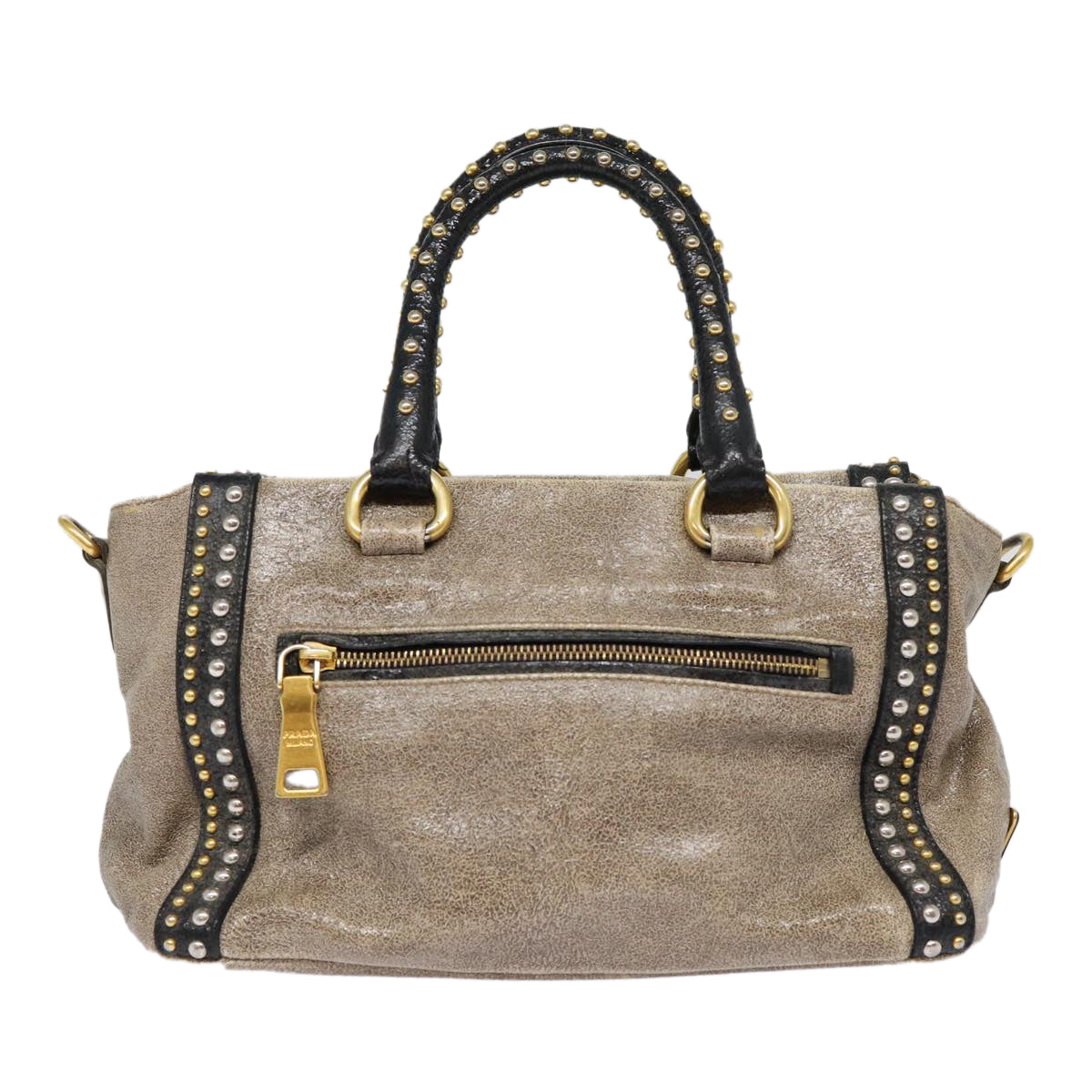 PRADA Studs Hand Bag Leather 2way Gray Gold Auth