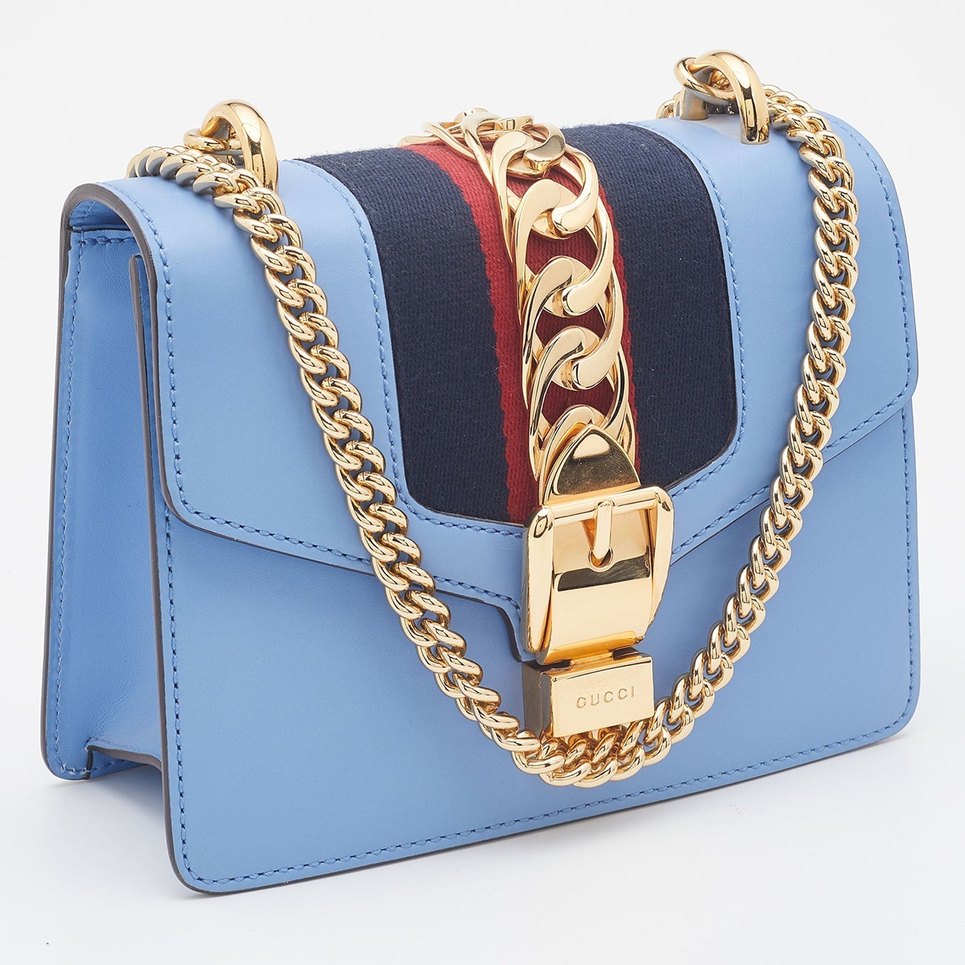 Gucci Sylvie Blue Leather Chain Crossbody