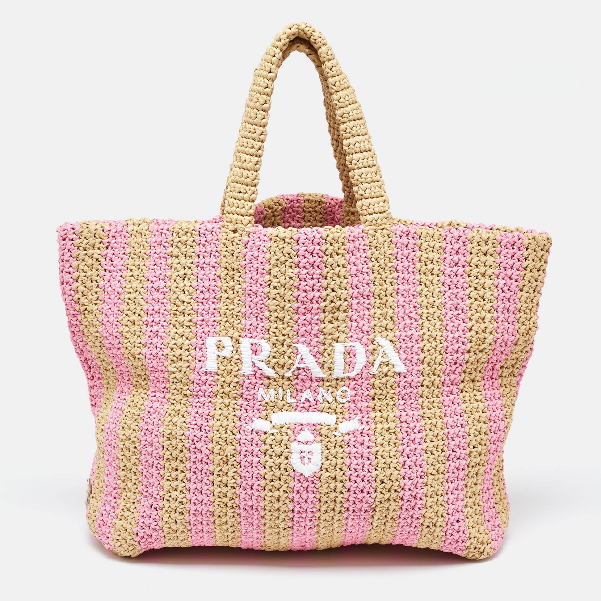 PRADA Pink/Beige Stripe Raffia Logo Tote