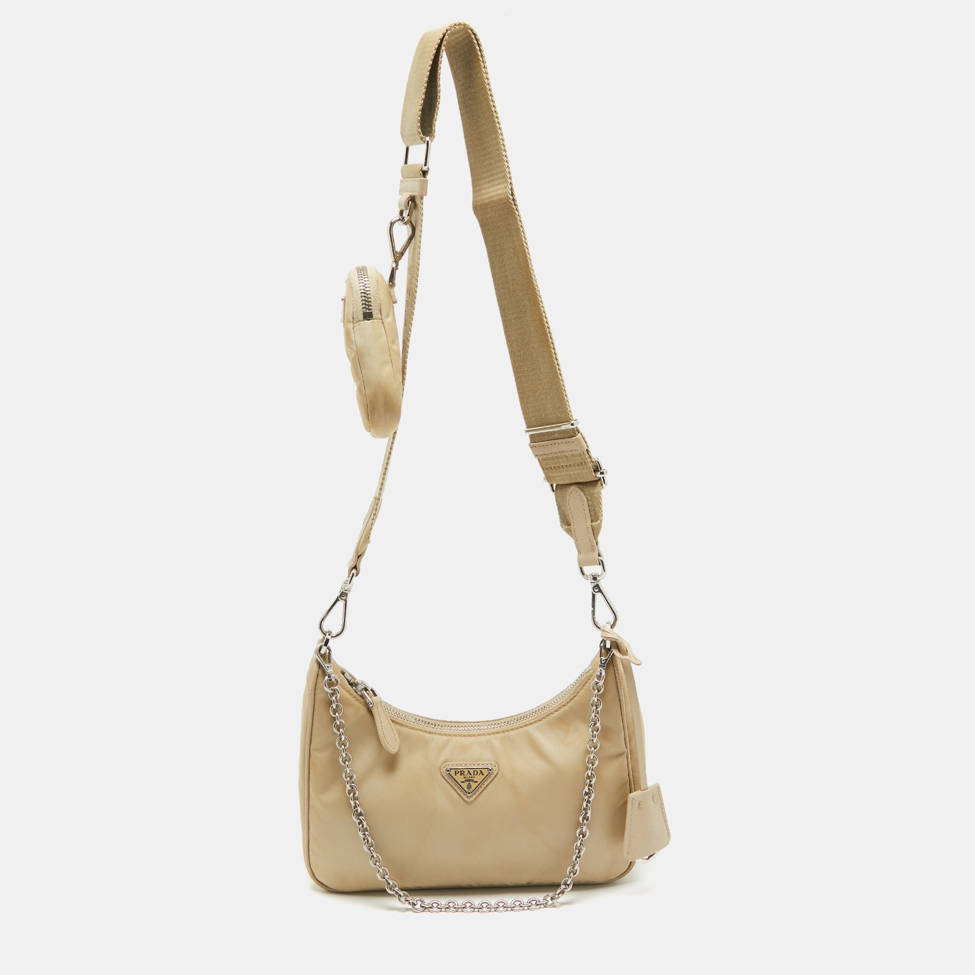 PRADA Cream Nylon and Leather Re-Edition Baguette Bag