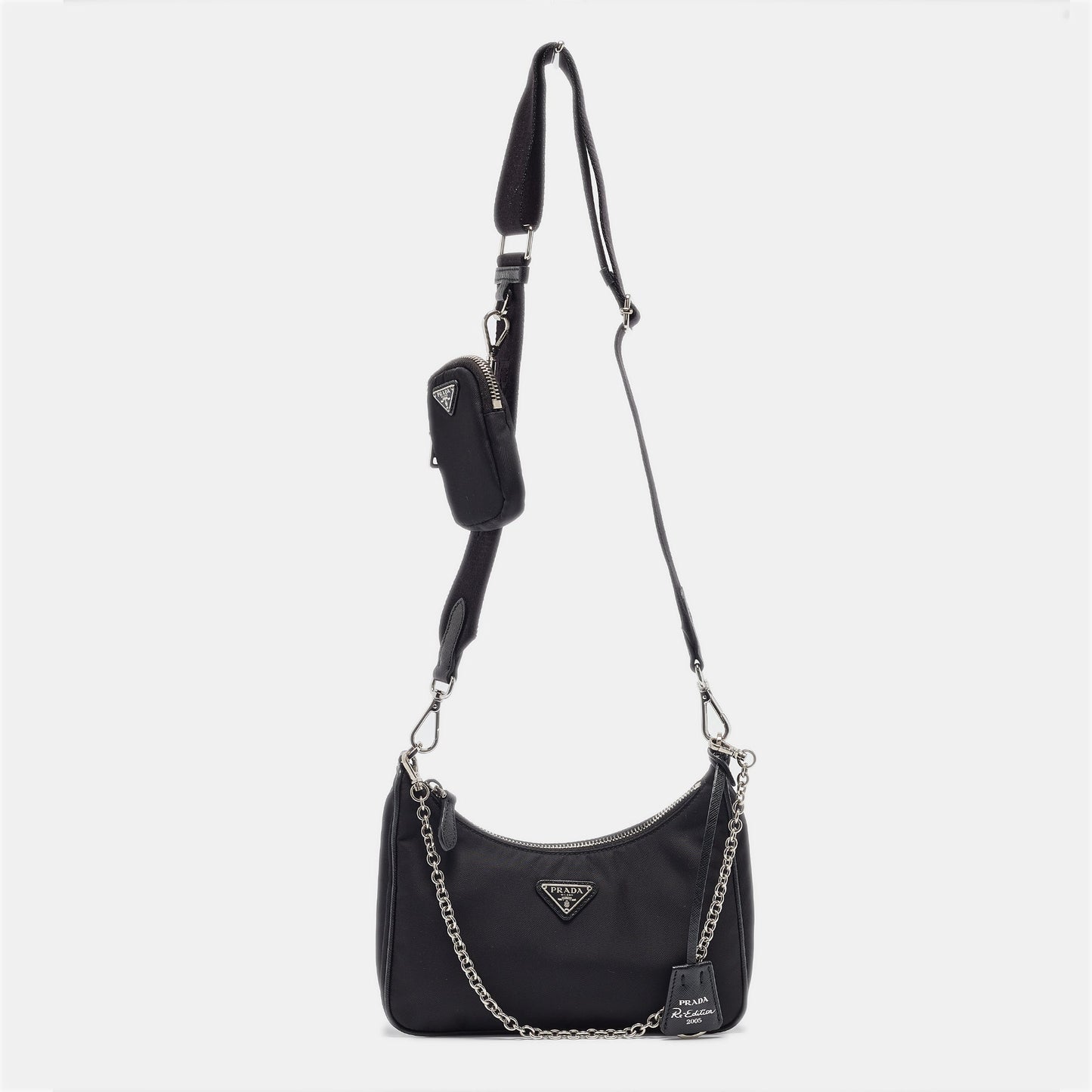 PRADA Black Nylon and Saffiano Leather Re-Edition Baguette Bag
