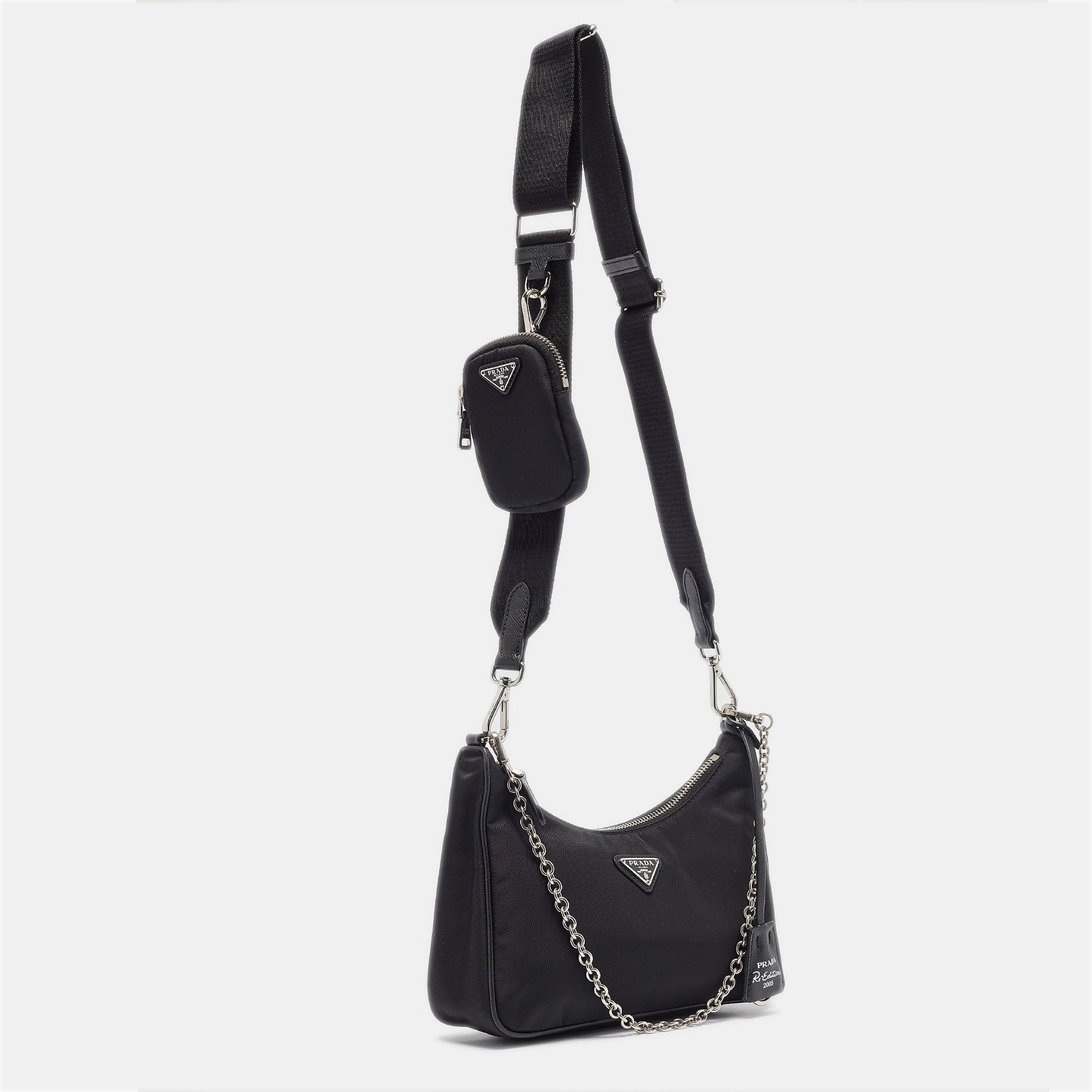 PRADA Black Nylon and Saffiano Leather Re-Edition Baguette Bag