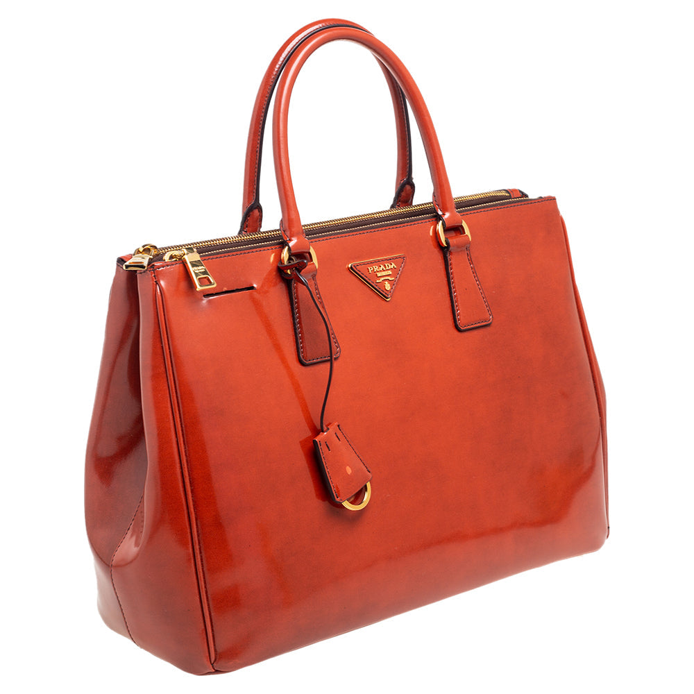 Prada Arancio Spazzolato Leather Large Fume Double Zip Tote