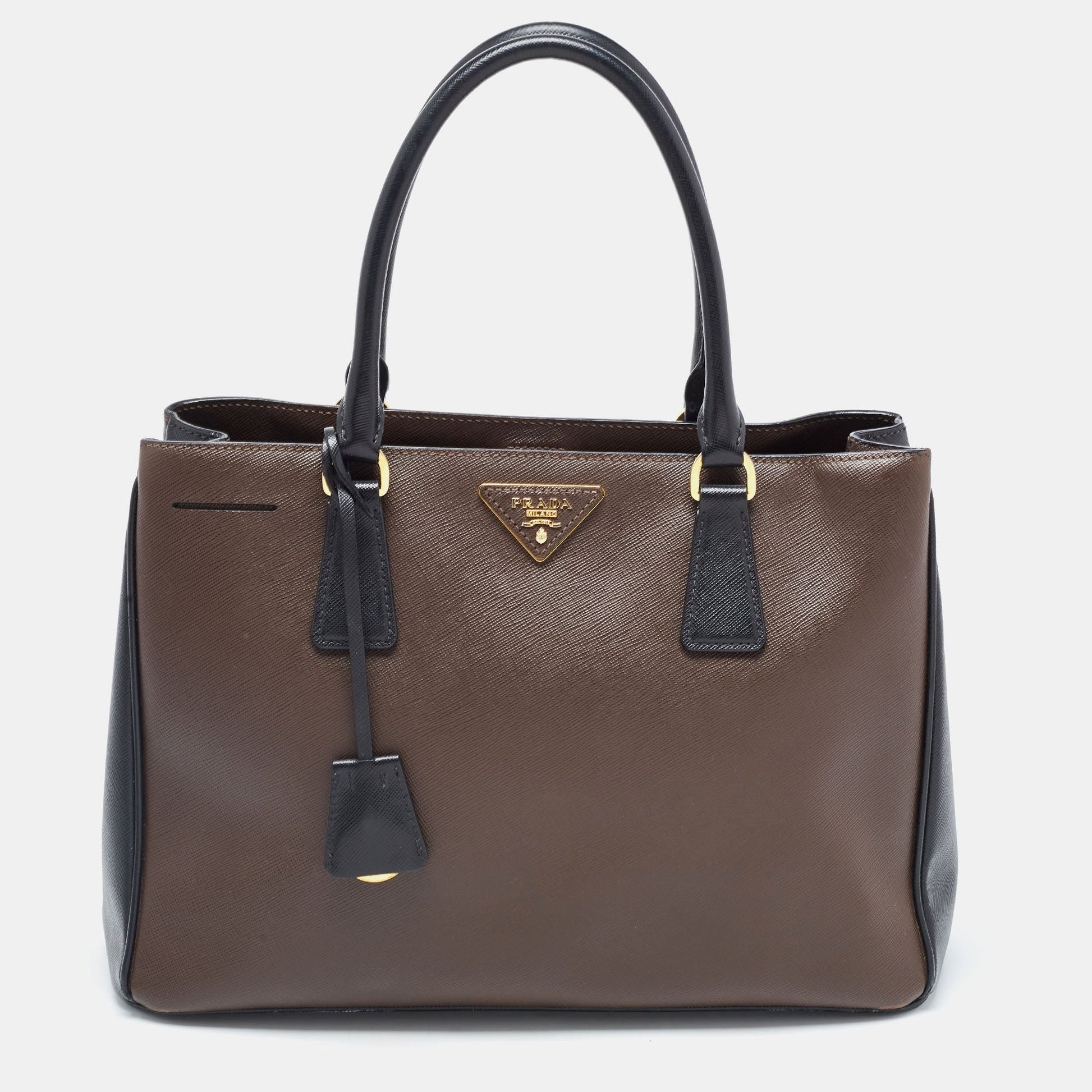 PRADA Brown/Black Saffiano Leather Medium Galleria Double Zip Tote