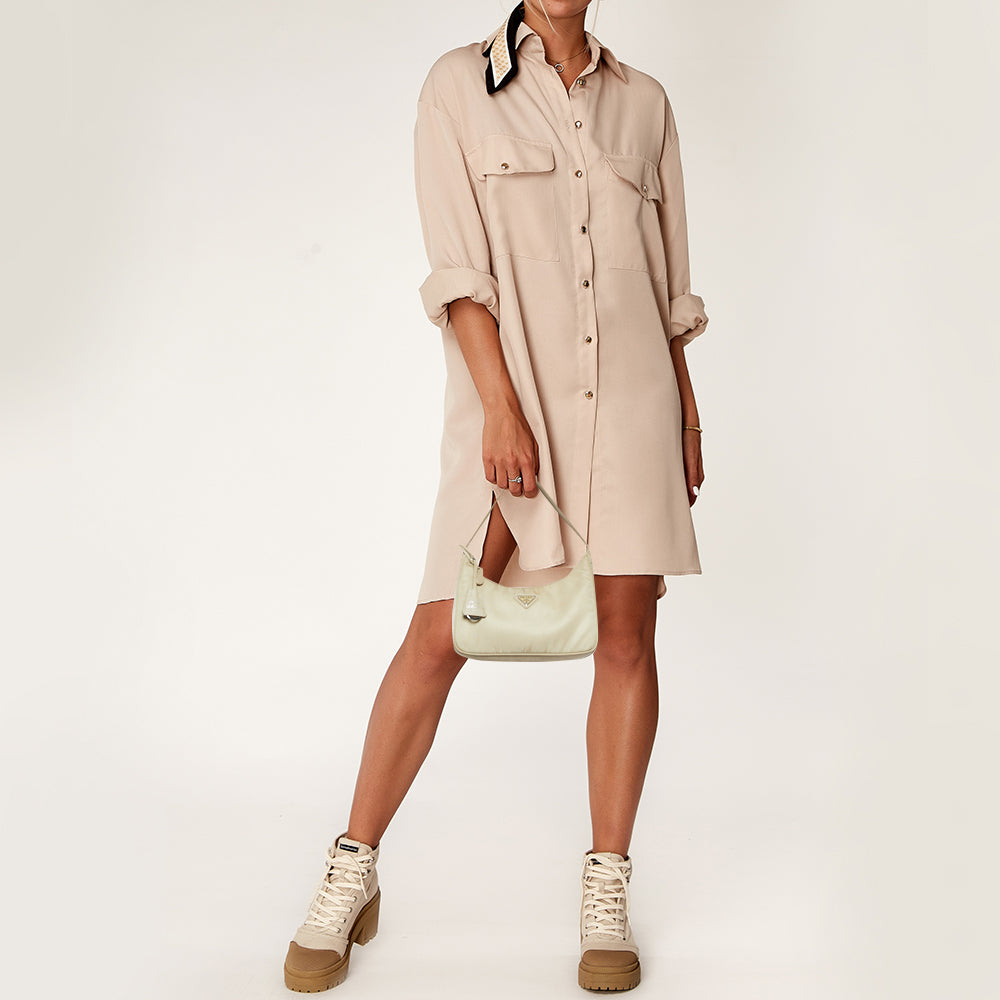 PRADA Beige Nylon Re-Edition Baguette Bag