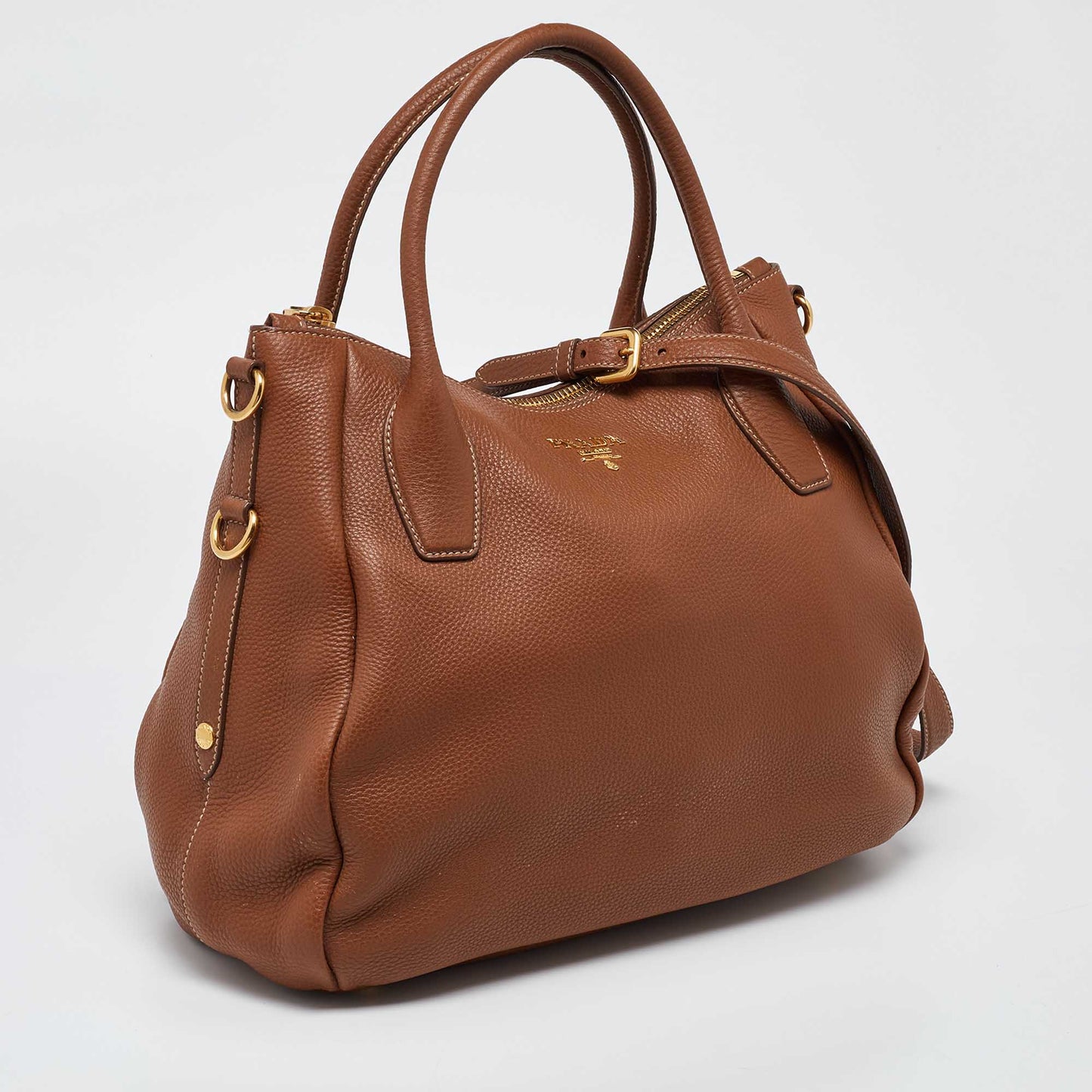 PRADA Brown Vitello Daino Leather Sacca Manici Tote