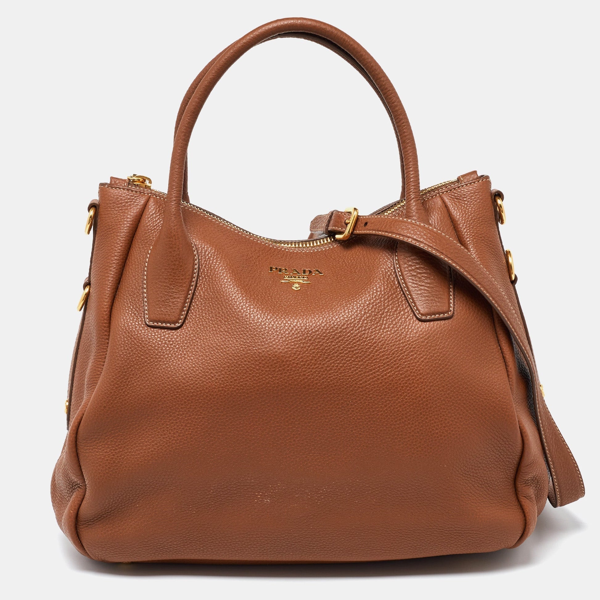 PRADA Brown Vitello Daino Leather Sacca Manici Tote