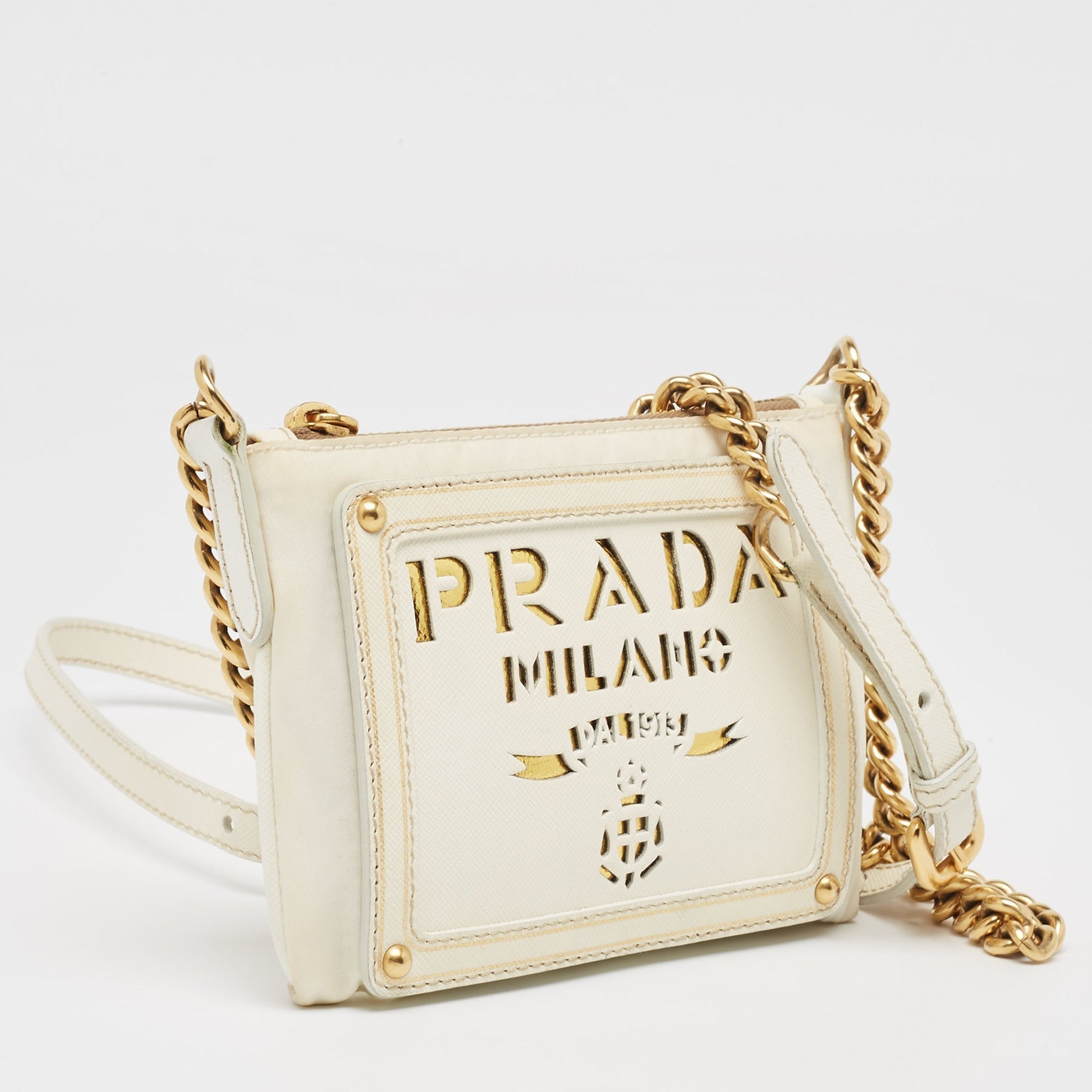 PRADA Off White/Gold Nylon and Leather Oro Chain Crossbody Bag