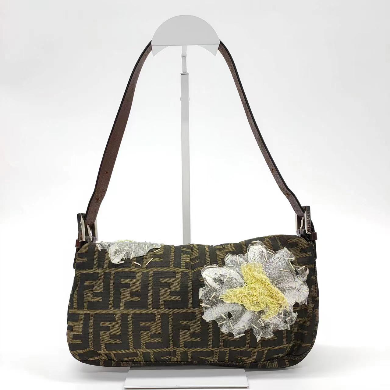 FENDI Baguette Zucca Print with Flower Embroidery