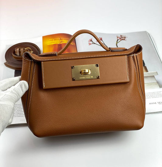 Luxury Hermes 24/24 Bag Evercolor with Swift 21 brown Gold Hardware