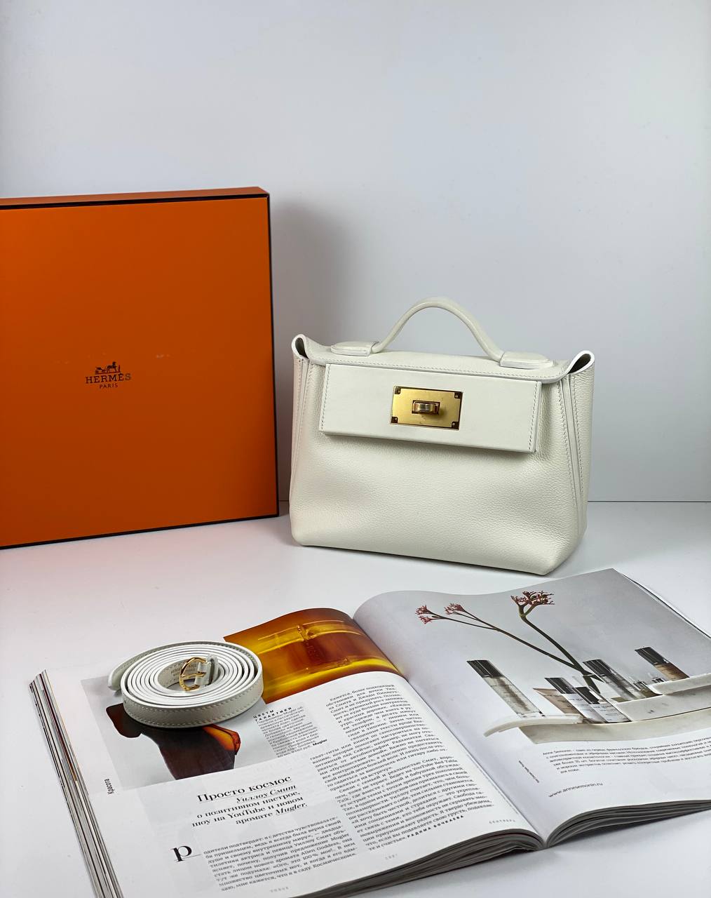 Luxury Hermes 24/24 Bag Evercolor with Swift 21 white Gold Hardware