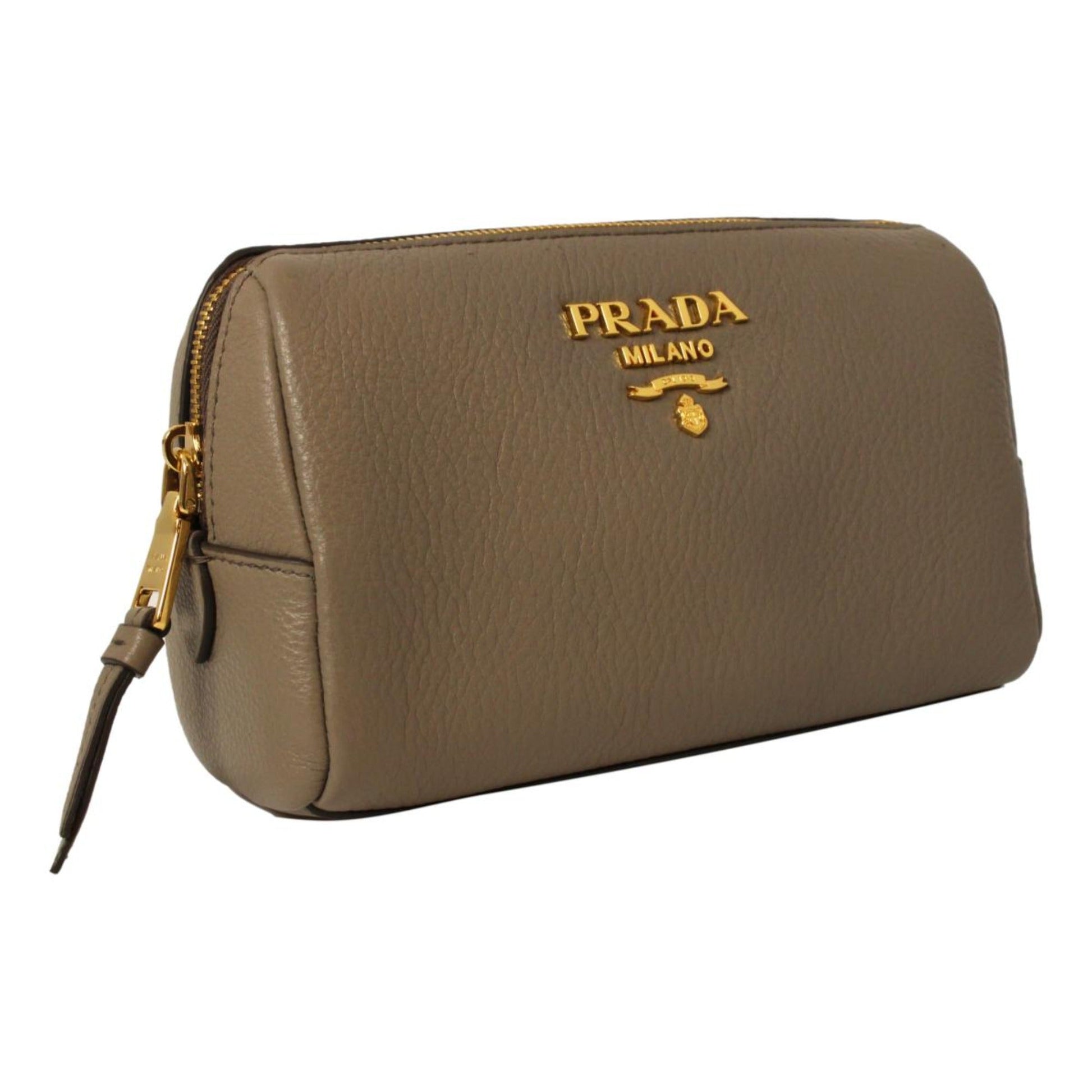 Prada Vitello Daino Argilla Grey Leather Cosmetic Pouch Luxury Handbag