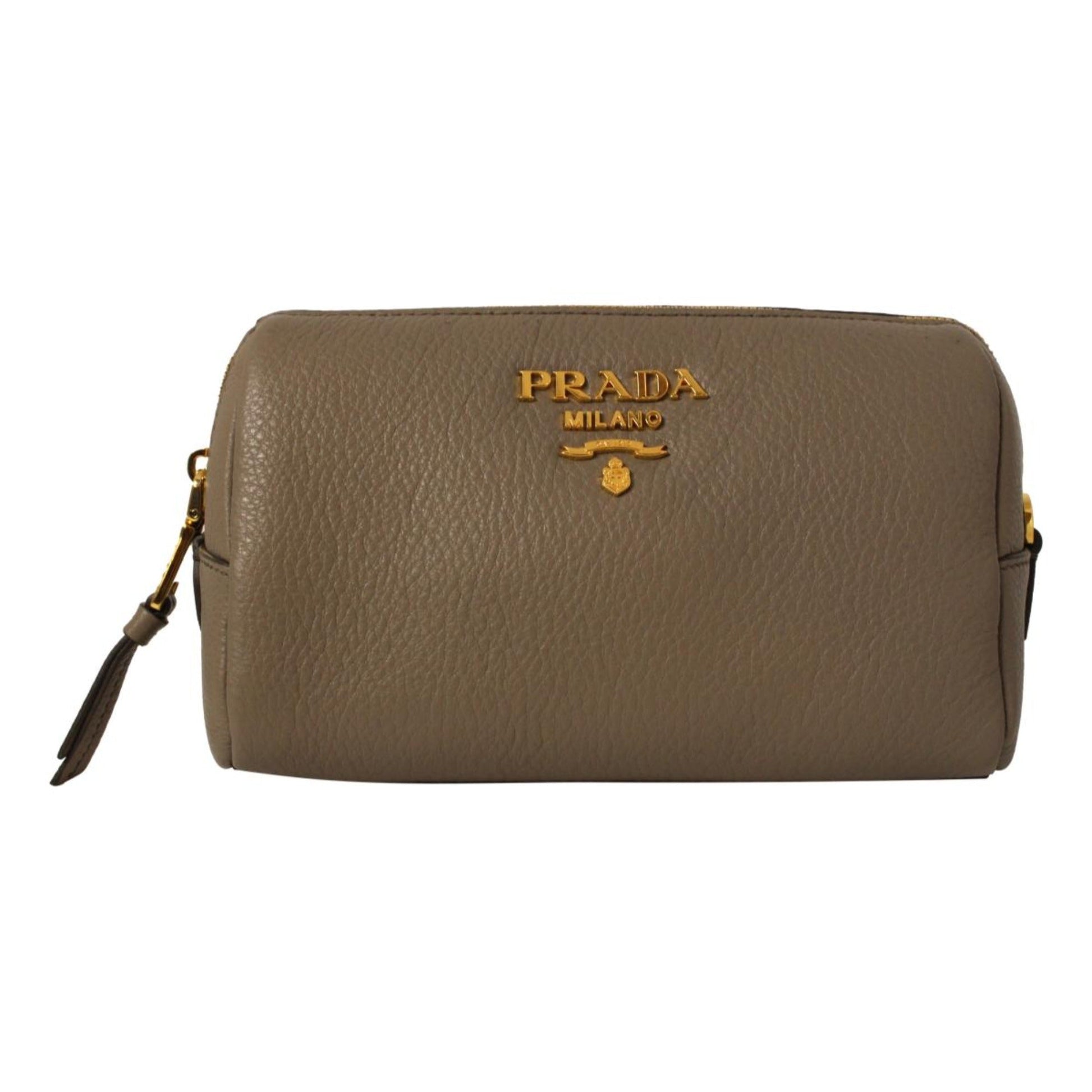 Prada Vitello Daino Argilla Grey Leather Cosmetic Pouch Luxury Handbag