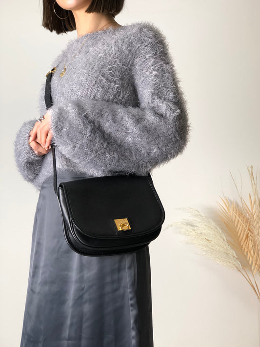 CELINE Gancini Flap Leather Shoulder bag Round bag Black btrkh7