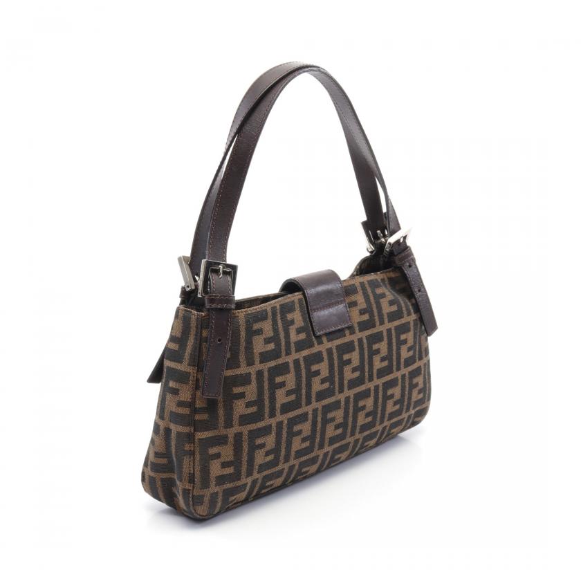 Fendi Zucca Shoulder Bag Canvas Leather Brown Dark Brown