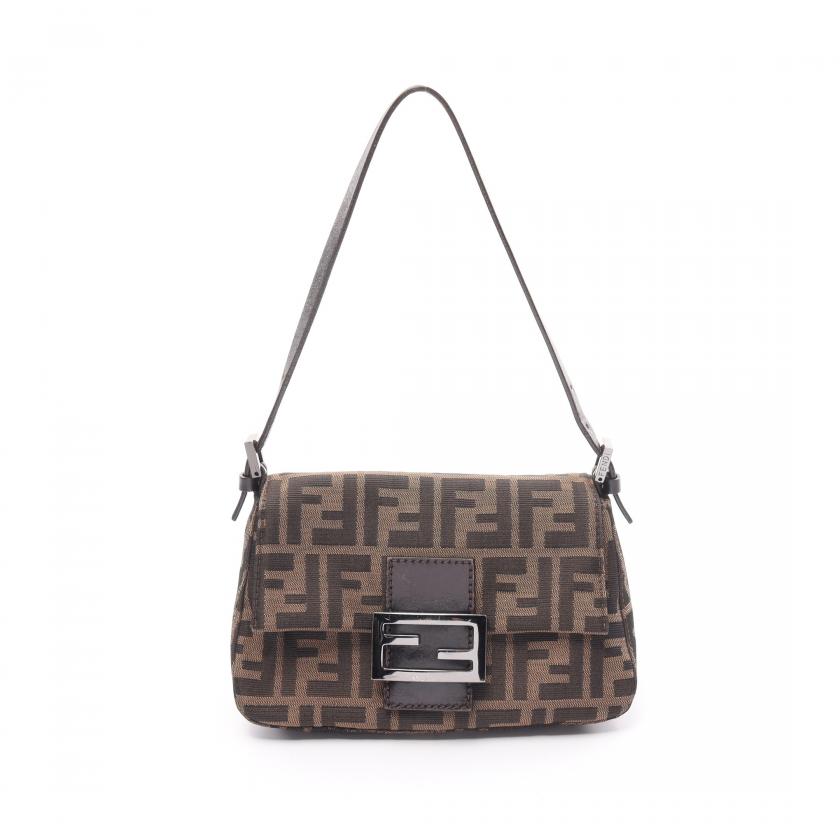 Fendi Mini Mamma Bucket Zucca Handbag Canvas Leather Dark Brown Beige