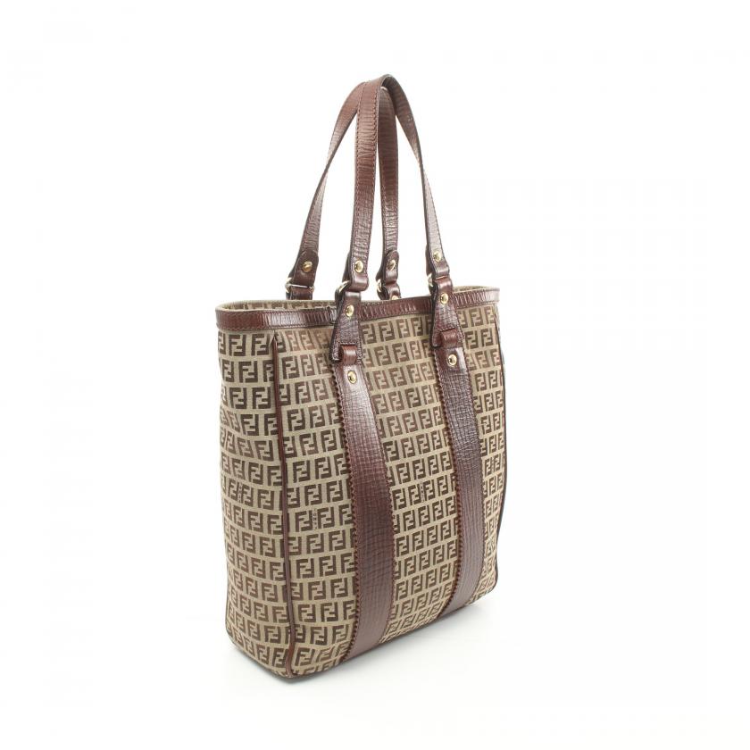 Fendi Zucchino Handbag Tote Bag Canvas Leather Beige Dark Brown