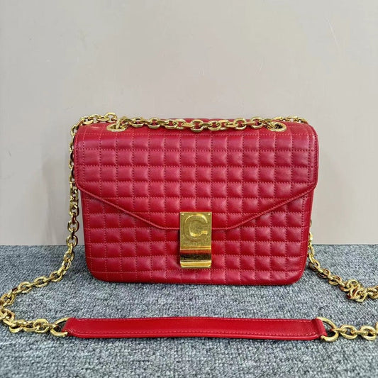 Luxury CELINE Classic Red Quilted Leather Chain Shoulder Bag Medium