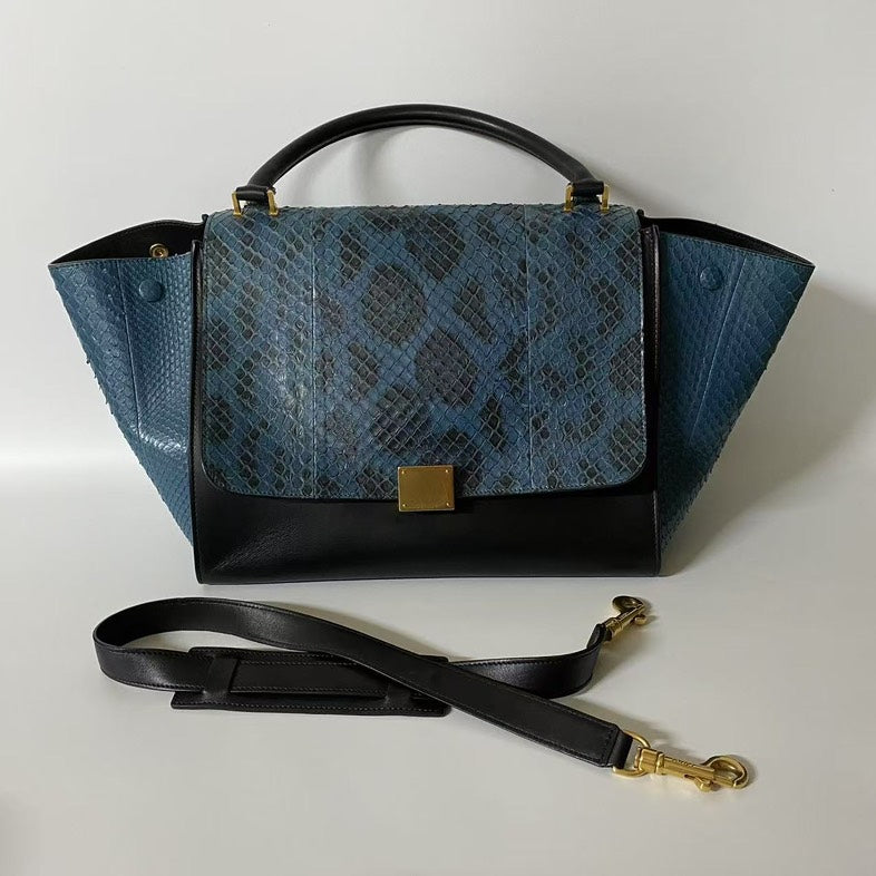 Luxury CELINE Two Ways Bag in Blue and Black Python Leather - Satchel