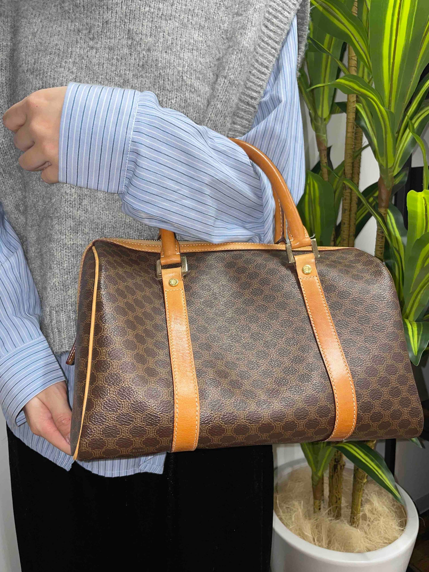 Luxury CELINE Monogram Boston Bag in Brown Canvas