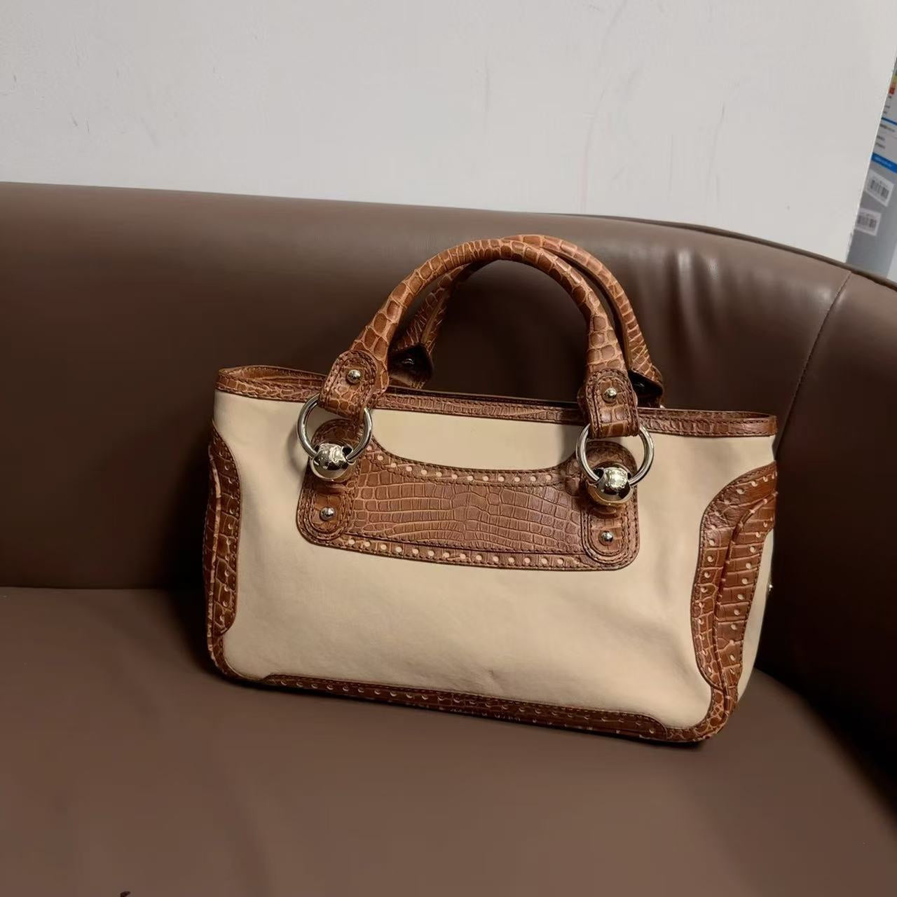 Luxury CELINE Tote Bag in Brown and Beige Leather - Large Designer Handbag