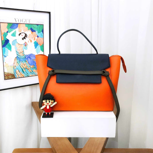 Luxury CELINE Belt Micro Tote Bag in Orange and Navy Leather