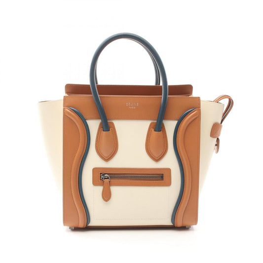 Luxury CELINE Luggage Micro Shopper Handbag Ivory Light Brown Leather Tote Bag