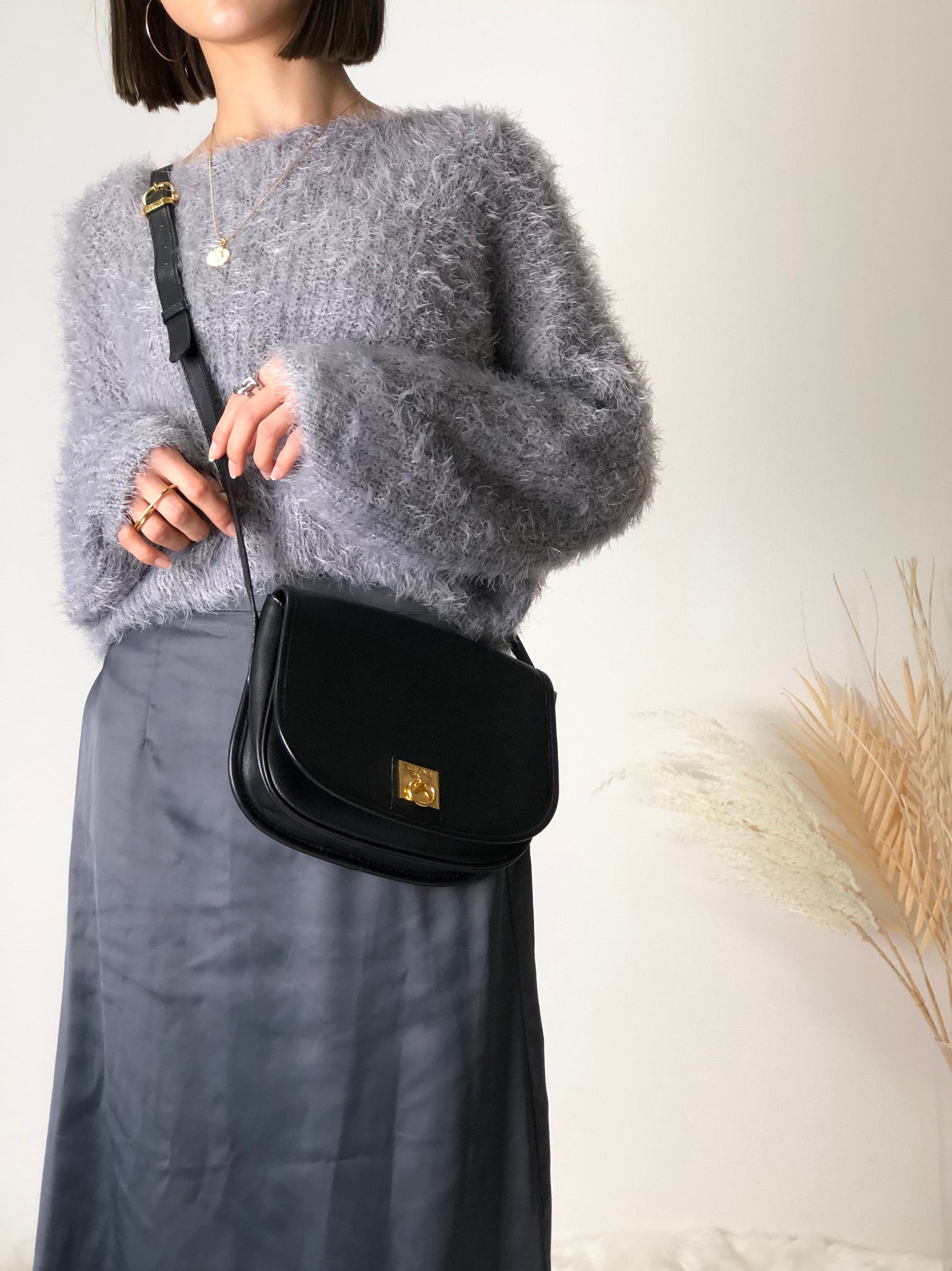 CELINE Gancini Flap Leather Shoulder bag Round bag Black btrkh7