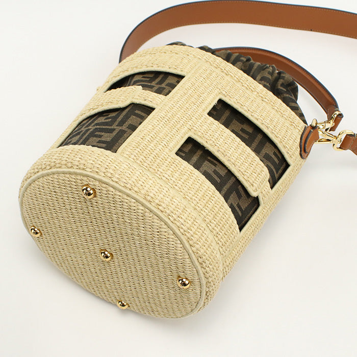 FENDI 8BT364 Handbag Step Out Medium Bucket Bag straw,Jacquard canvas Two-tone color(beige) Women