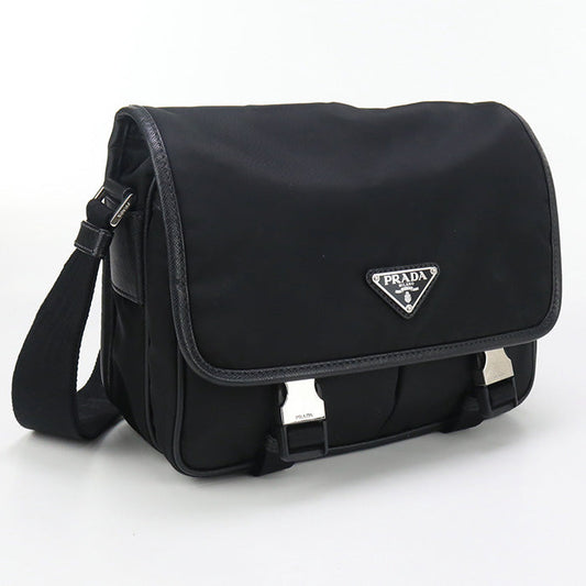 PRADA Shoulder Bag Safiano leather Messenger bag Nylon black mens