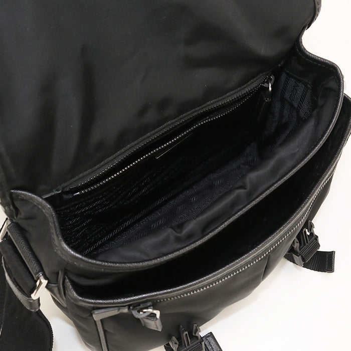PRADA Shoulder Bag Safiano leather Messenger bag Nylon black mens