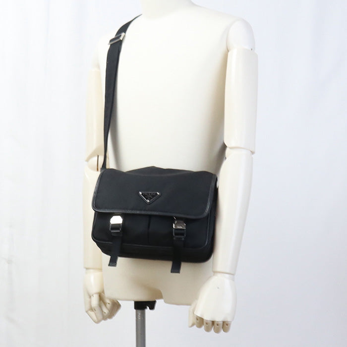 PRADA Shoulder Bag Safiano leather Messenger bag Nylon black mens