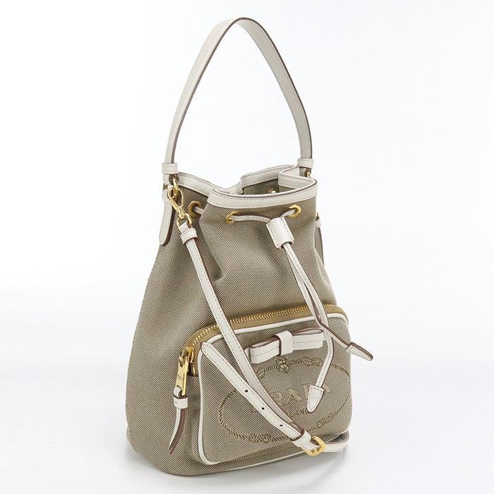 PRADA Handbag Logo jacquard Bucket Bag 2Way Handbag leather beige Women