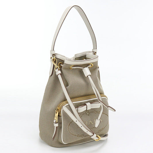 PRADA Handbag Logo jacquard Bucket Bag 2Way Handbag leather beige Women