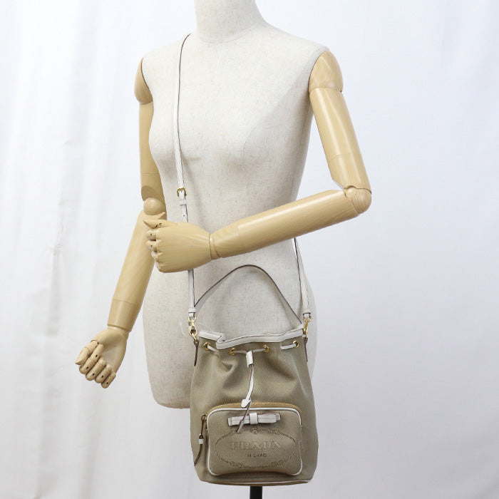 PRADA Handbag Logo jacquard Bucket Bag 2Way Handbag leather beige Women