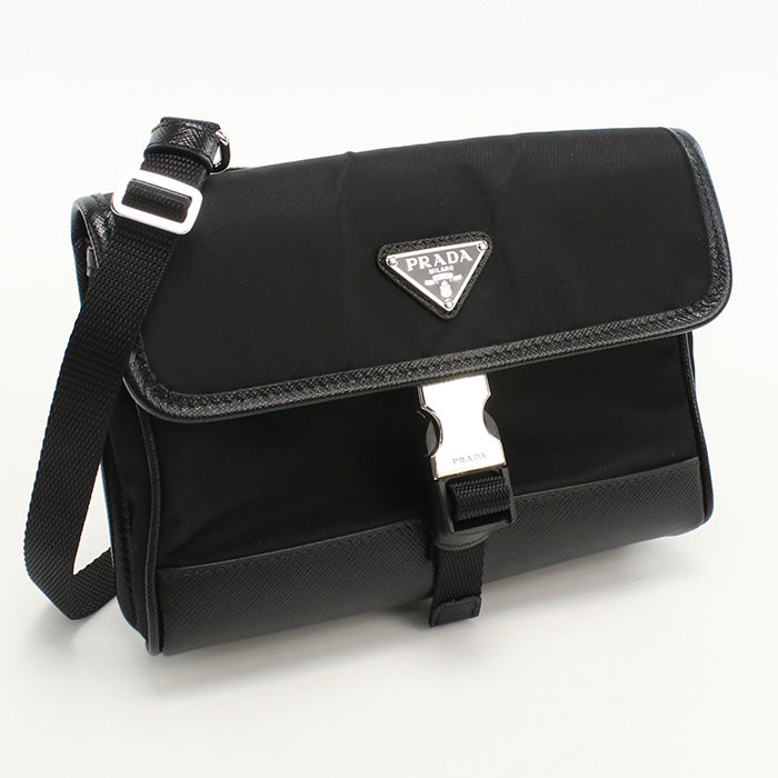 PRADA Diagonal shoulder bag Nylon/Safiano leather black mens