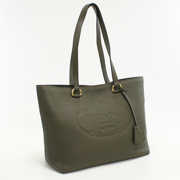 PRADA Tote Bag Embossed logo Shoulder bag leather Khaki Women(unisex)