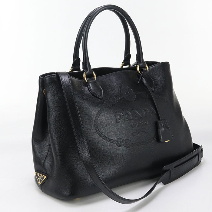 PRADA Tote Bag Embossed logo handbag leather black Women(unisex)