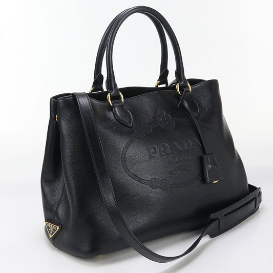 PRADA Tote Bag Embossed logo handbag leather black Women(unisex)