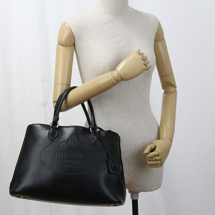 PRADA Tote Bag Embossed logo handbag leather black Women(unisex)