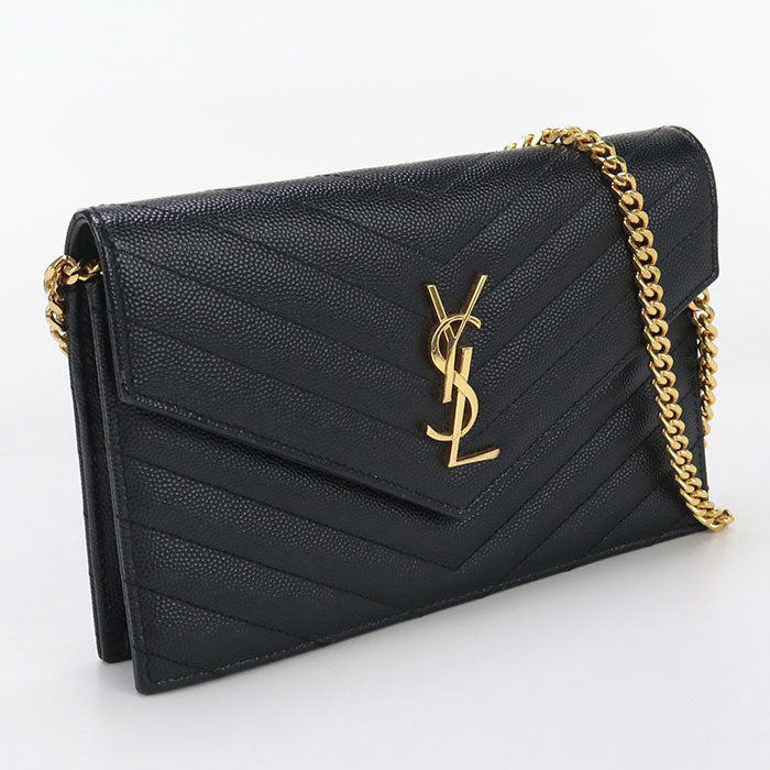 SAINT LAURENT 393953 envelope Cassandra Chain wallet Calfskin black Women