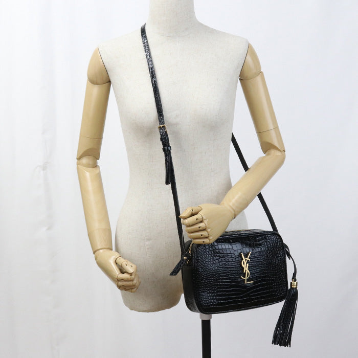 SAINT LAURENT 612544 Diagonal Shoulder Bag/Croco embossed leather black Women
