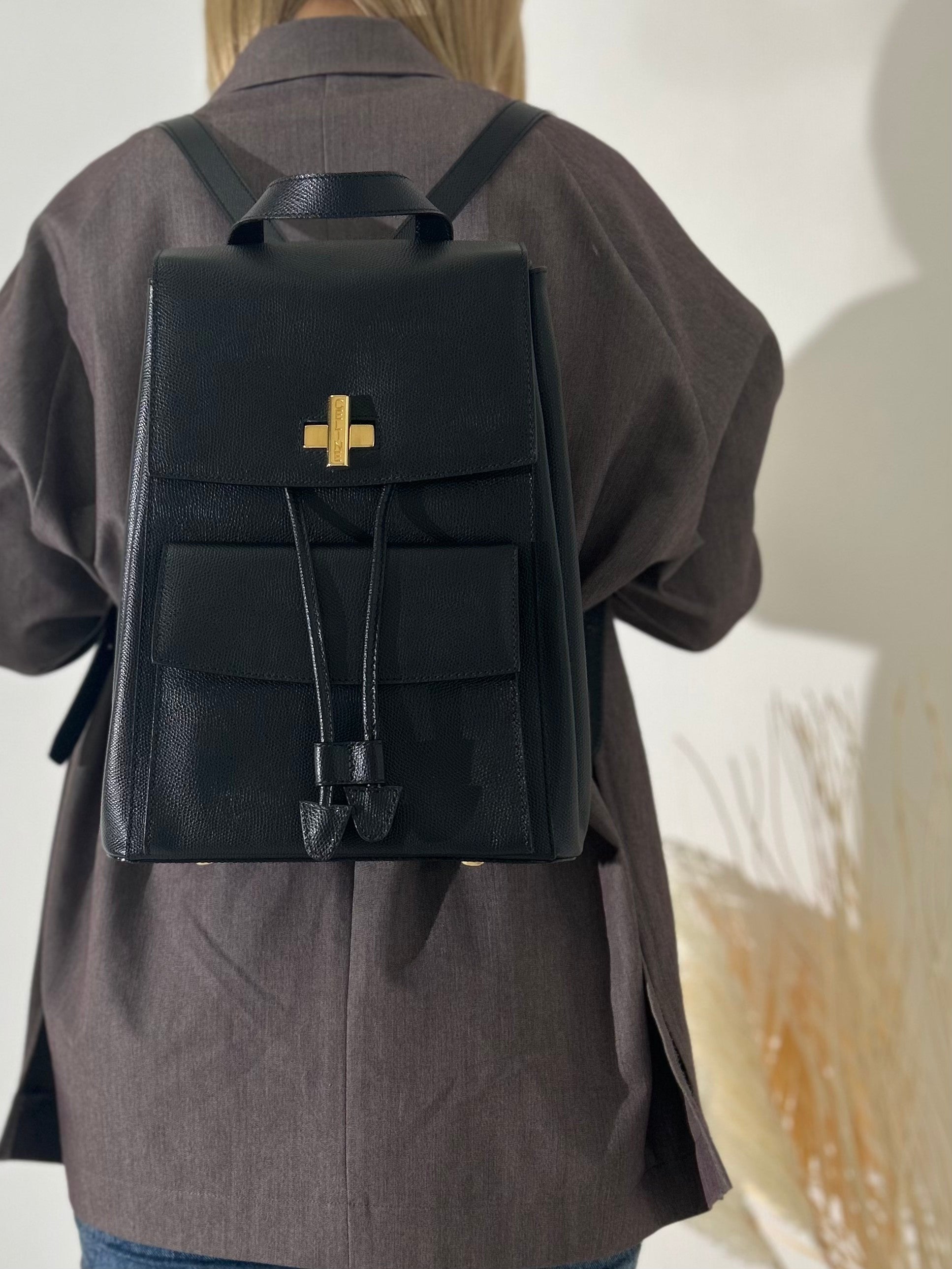 CELINE Turn Lock Leather Backpack Black y4kmst