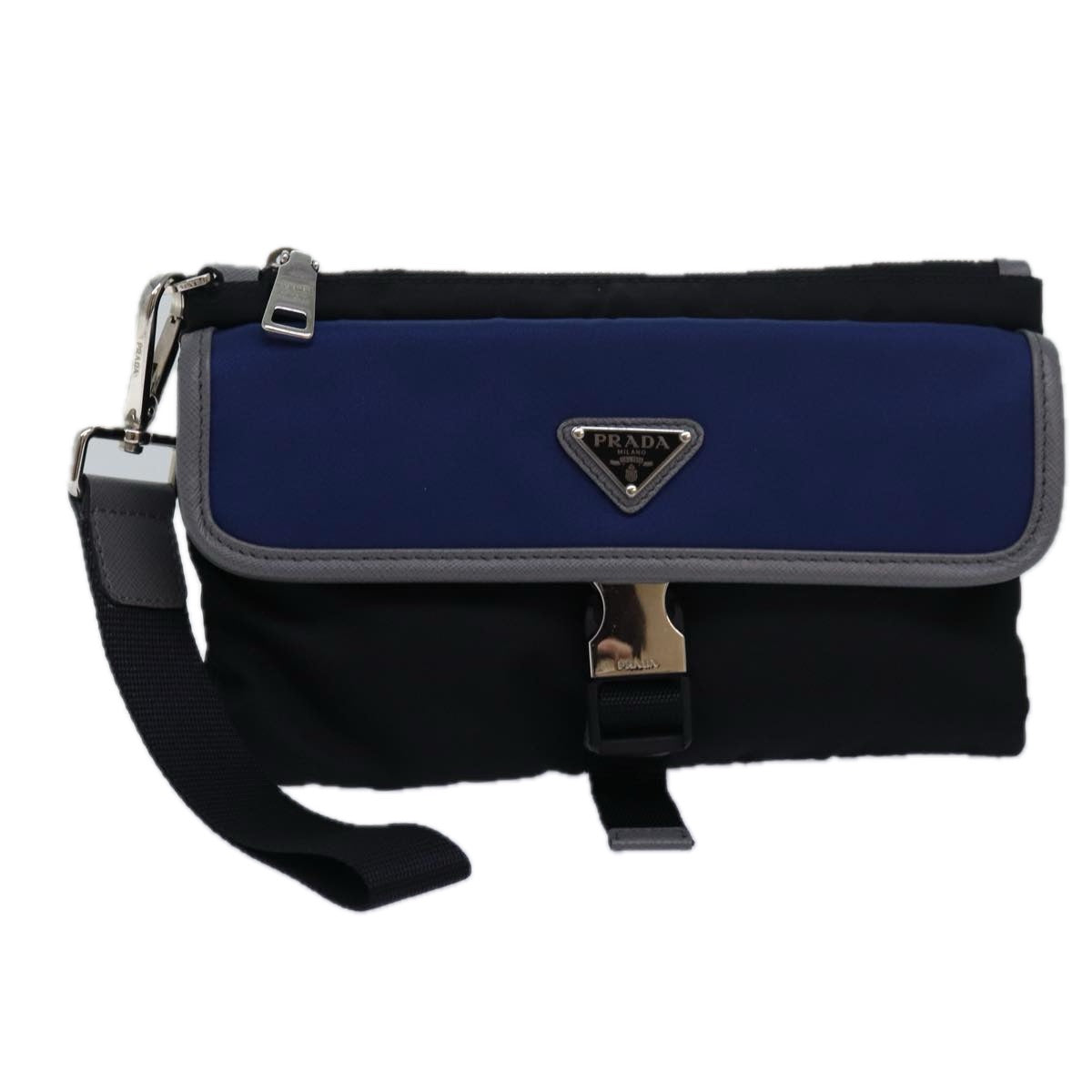 PRADA Clutch Bag Nylon Black Blue Auth