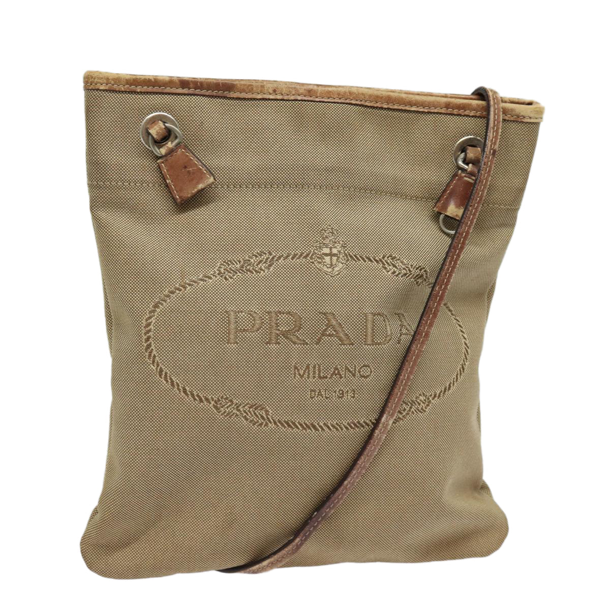 PRADA Shoulder Bag Canvas Beige Silver Auth